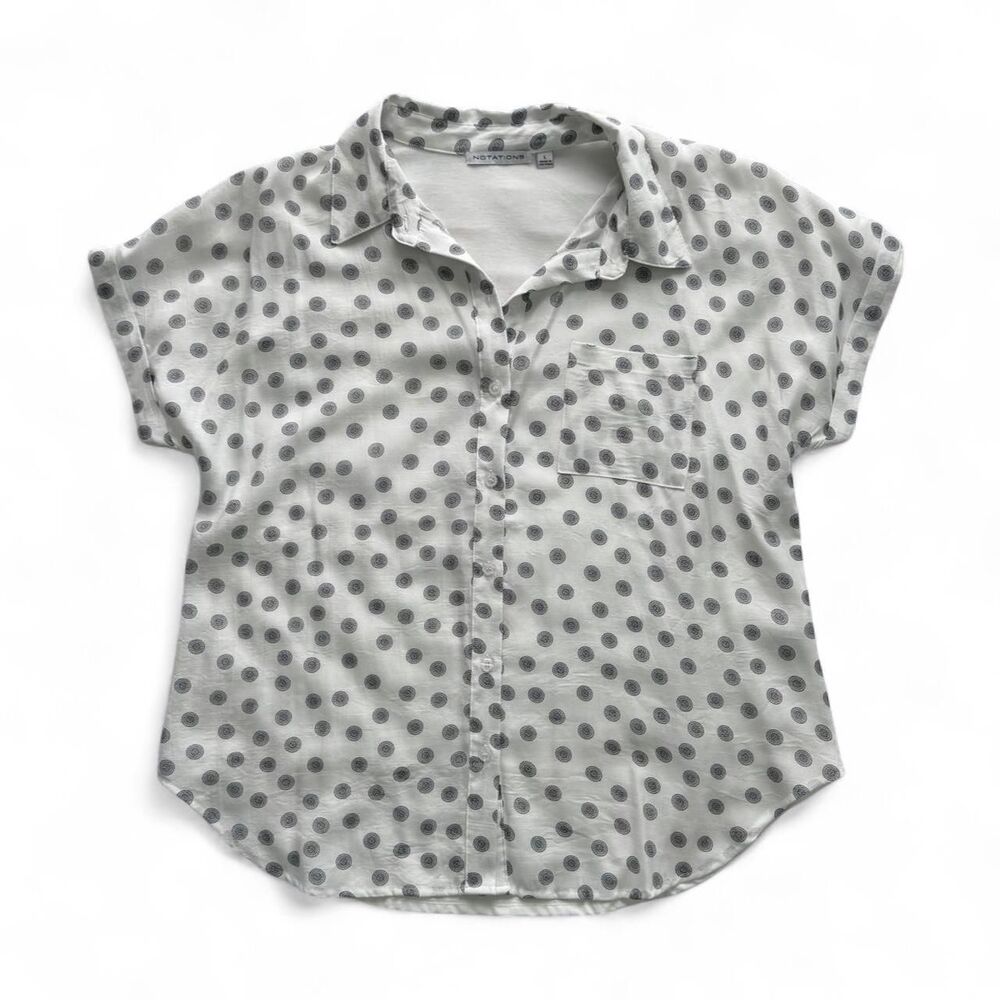 Notations White And Black Polka Dots Button Up Blouse Size L